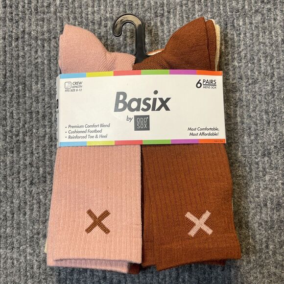 Basix by Odd Socks 6 Pairs Pack Socks Men Size 8-12 (M) Crew Brown/Red/Tan/Pink - Picture 1 of 6